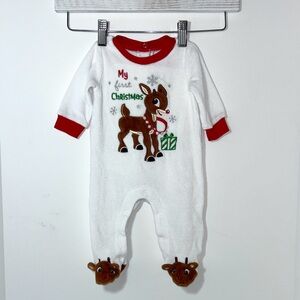 Baby Girl Rudolph 3 Month White Velour Christmas‎ Footed Outfit